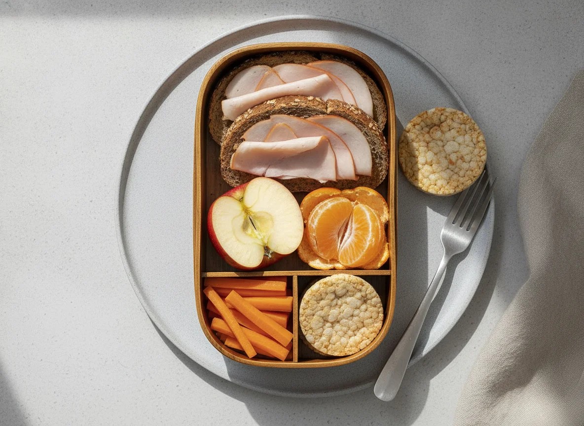 Lunchbox mit Vollkornbrot, Obst und Gemüse photo
