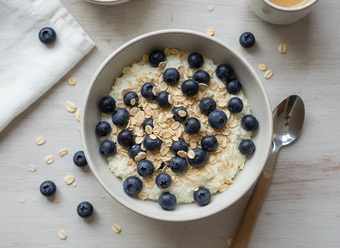 Magerquark mit Blaubeeren und Haferflocken photo