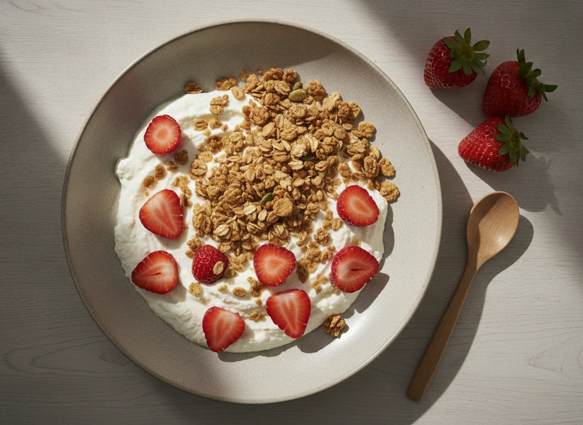 Magerquark mit Erdbeeren und Müsli photo