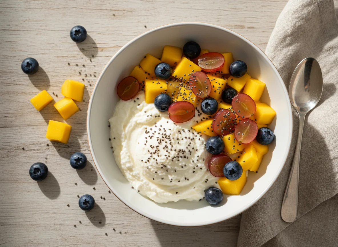 Magerquark mit Früchten und Chiasamen photo