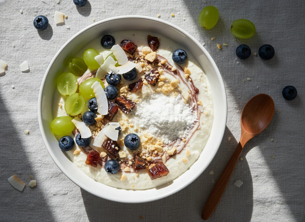 Magerquark mit Früchten und Toppings photo