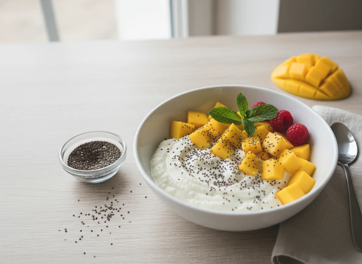 Magerquark mit Mango und Chiasamen photo