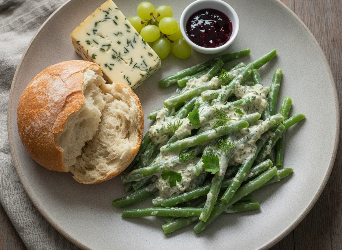 Mahlzeit mit Bohnen, Brot und Käse photo
