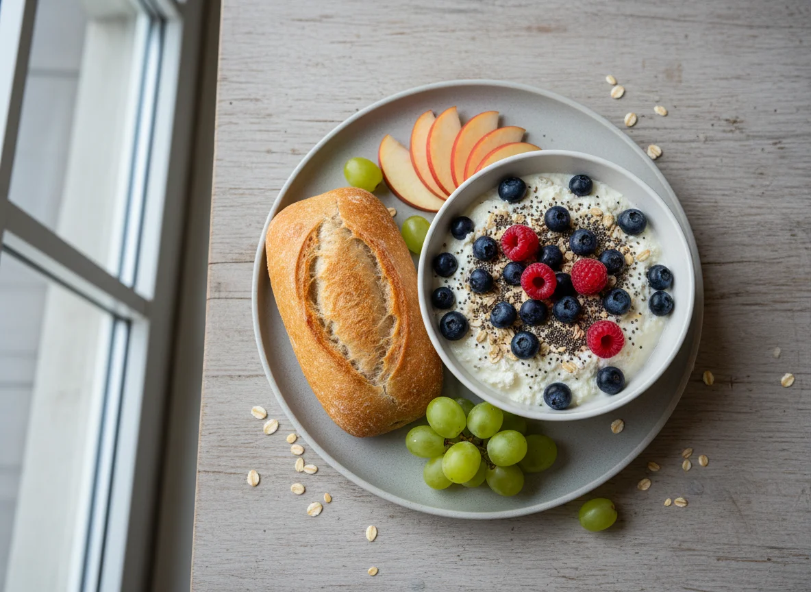 Mahlzeit mit Brot, Joghurt und Obst photo