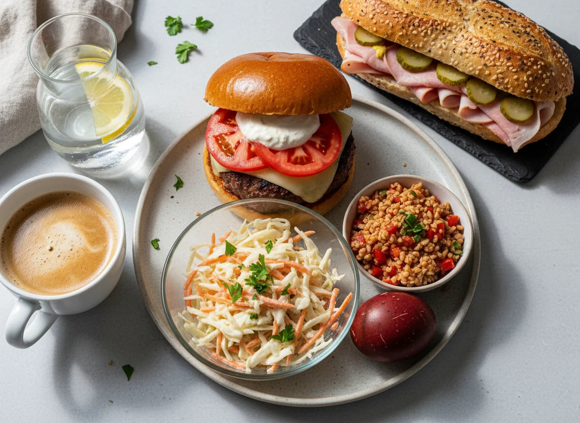 Mahlzeit mit Burger, Baguette, Salat, Bulgur und Getränken photo