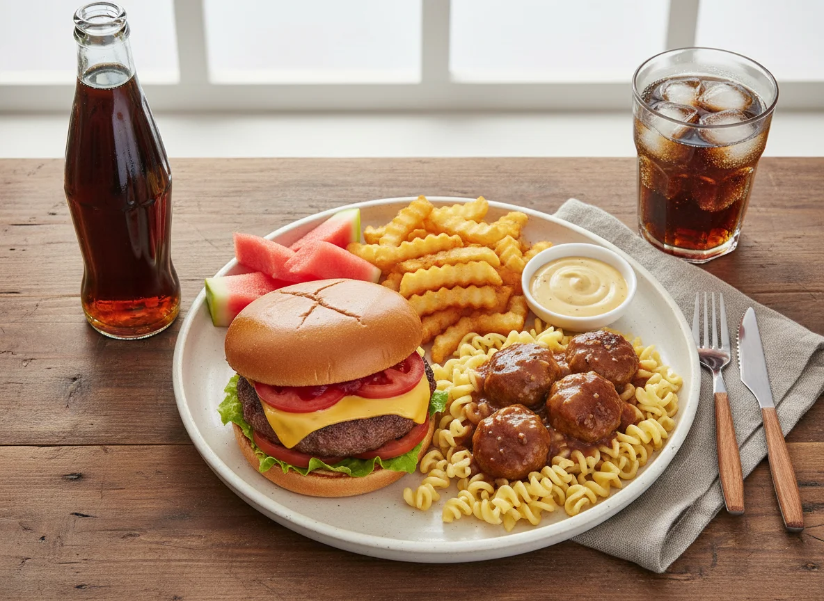 Mahlzeit mit Burger, Nudeln, Pommes und Melone photo