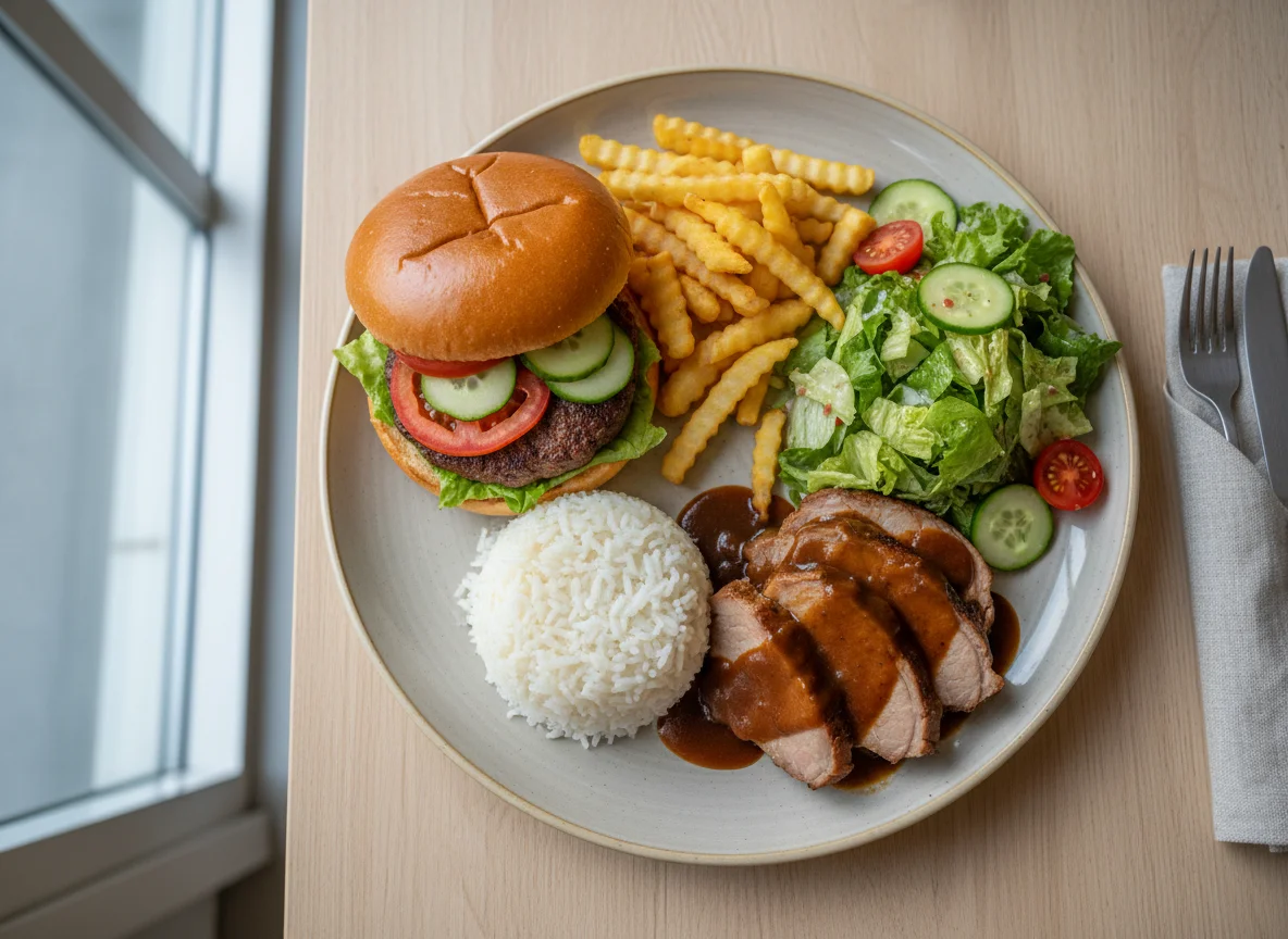 Mahlzeit mit Burger, Pommes, Reis, Fleisch und Salat photo