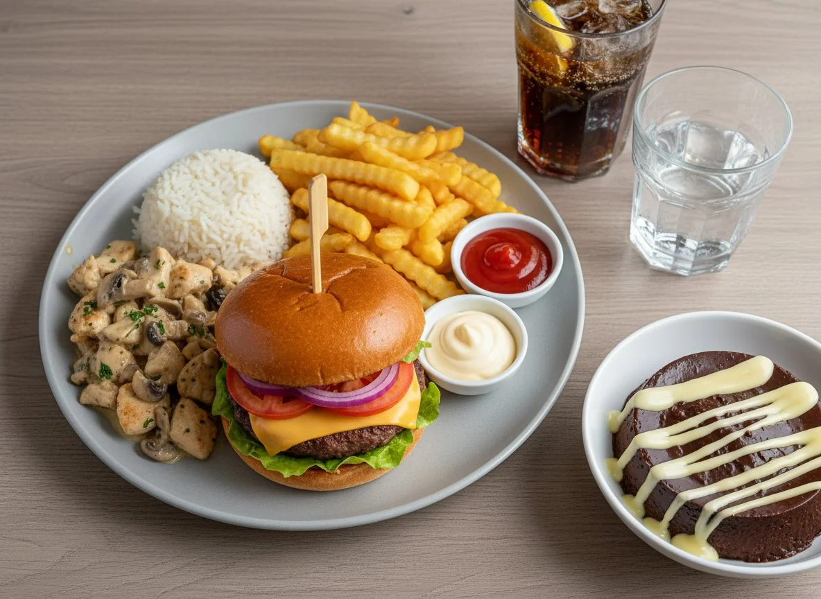 Mahlzeit mit Burger, Pommes und Hähnchen-Pilz-Reis photo
