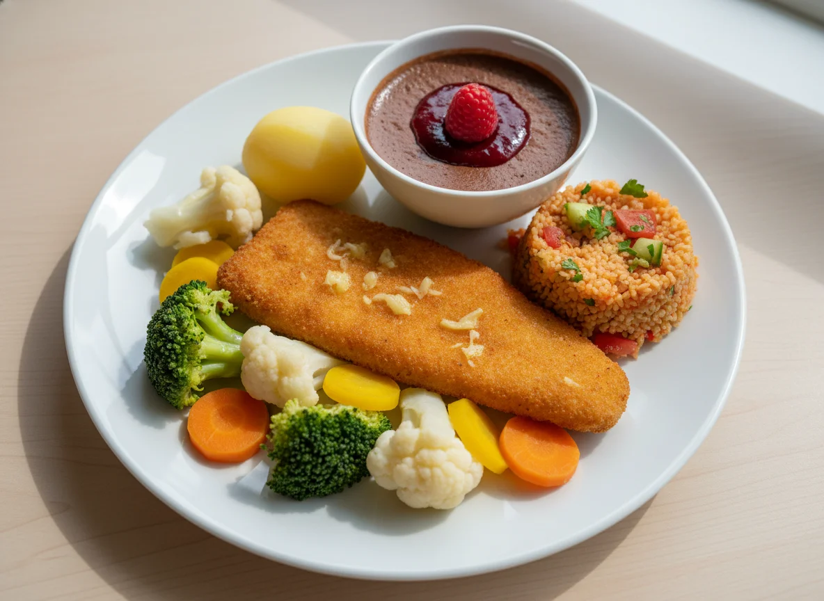 Mahlzeit mit Fisch, Gemüse und Dessert photo