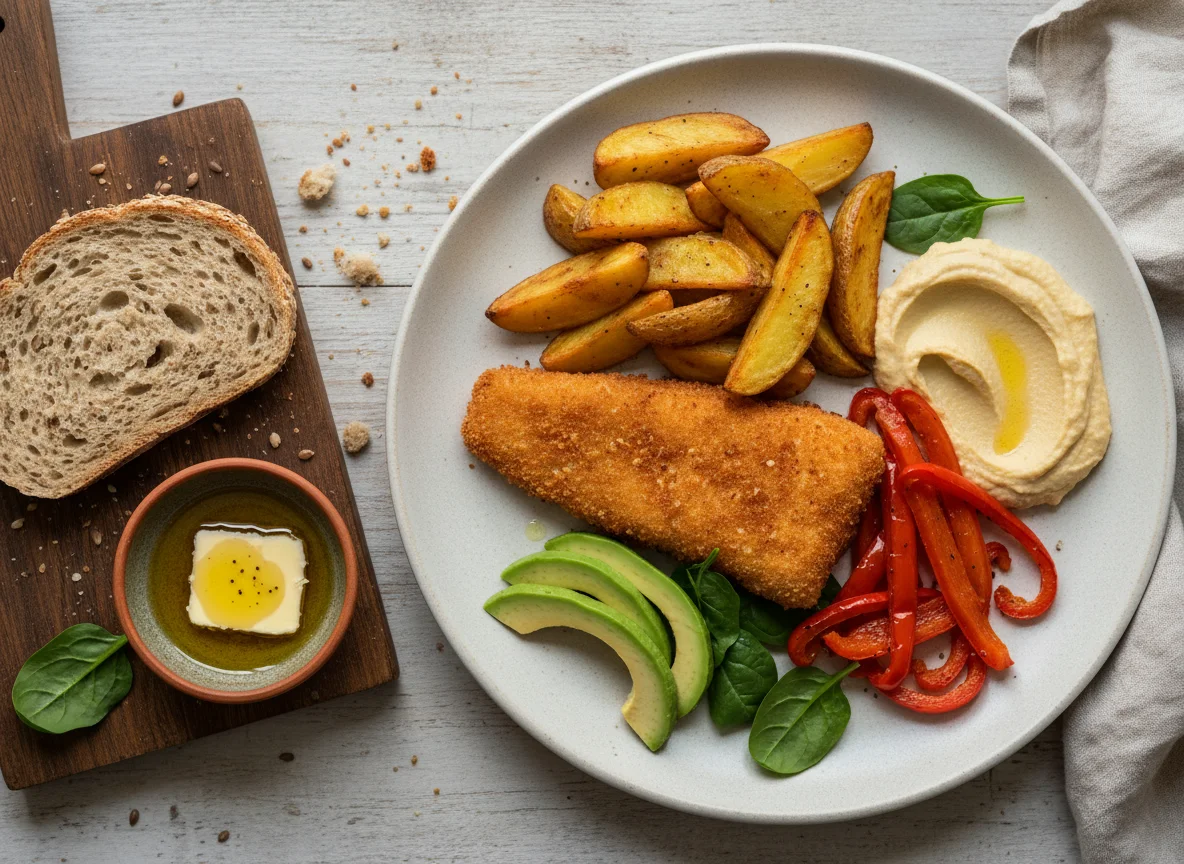 Mahlzeit mit Fisch, Gemüse und Kartoffelspalten photo