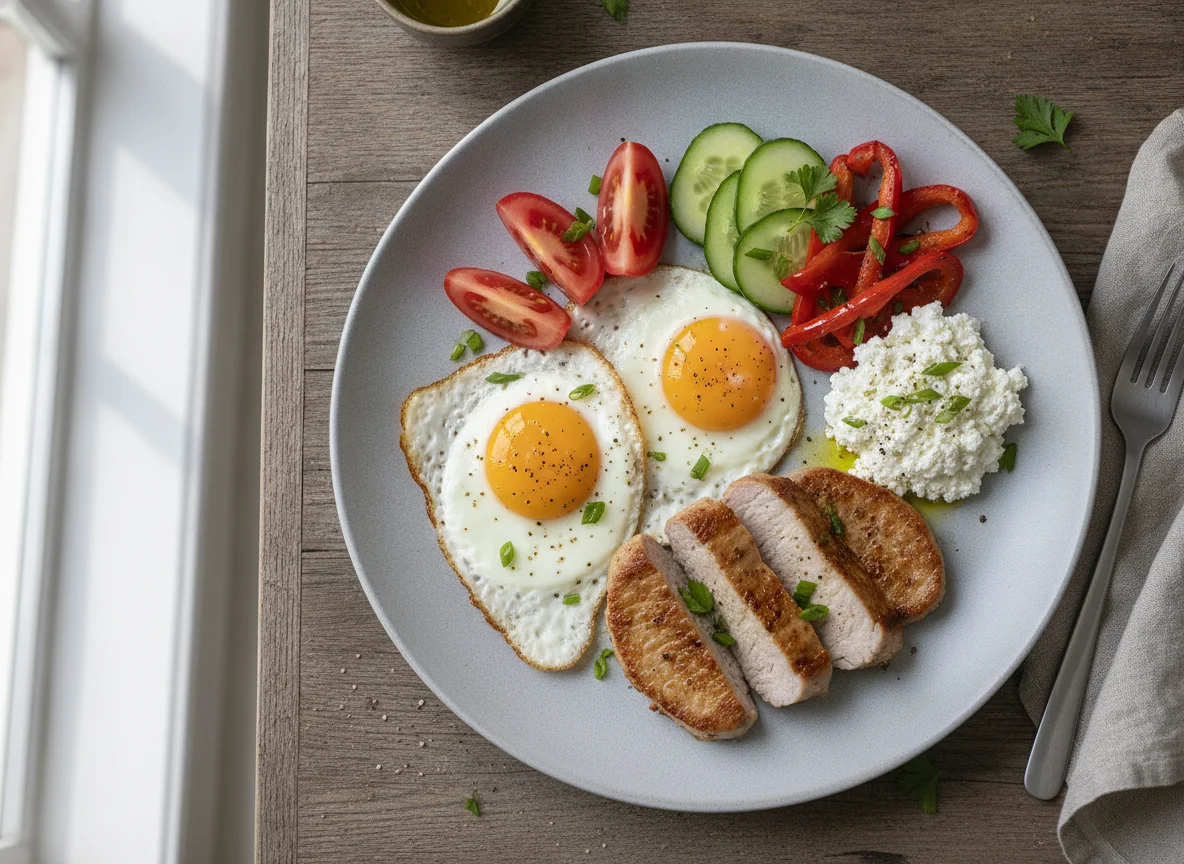 Mahlzeit mit Fleisch, Eiern und Gemüse photo