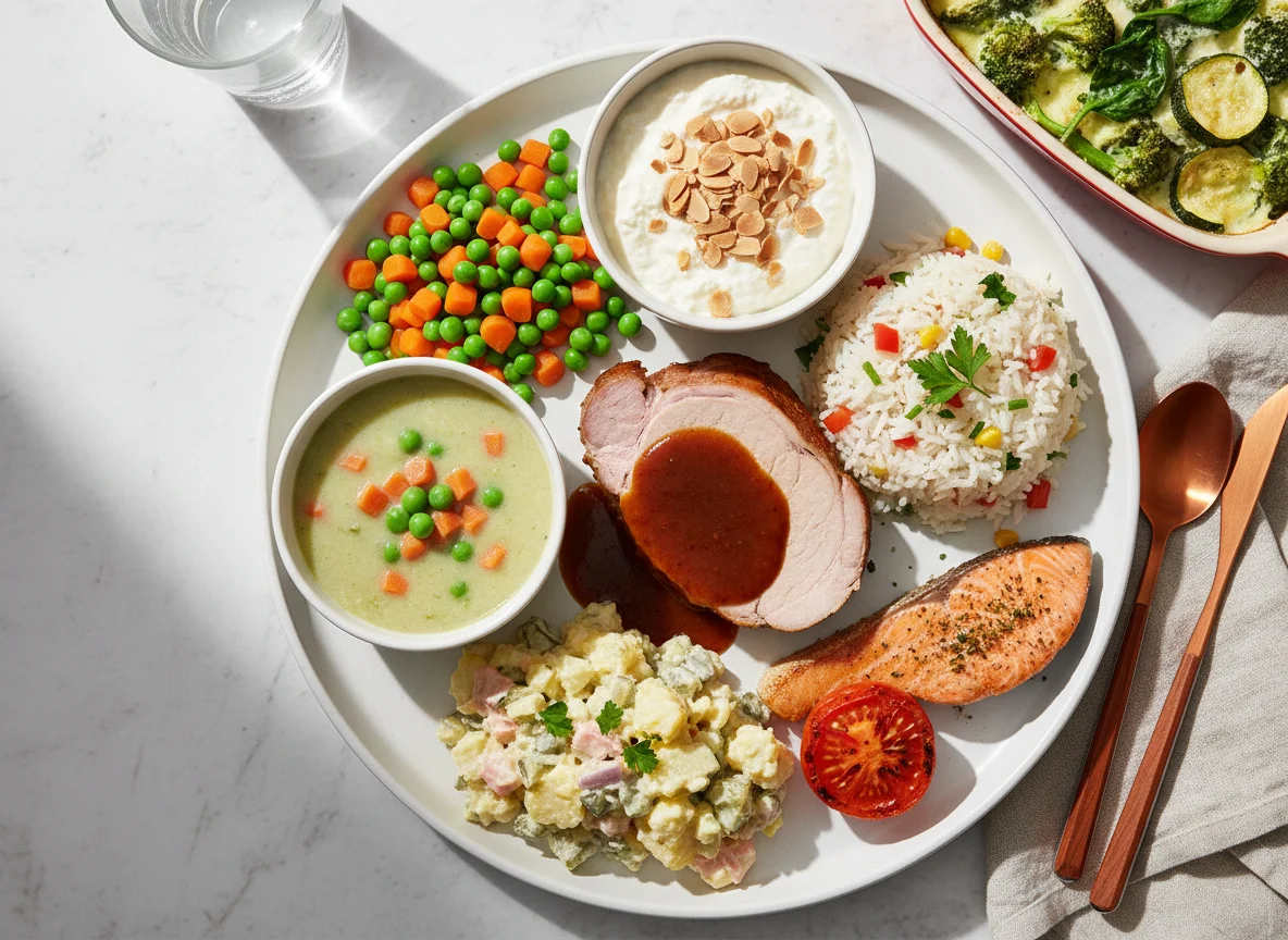 Mahlzeit mit Fleisch, Kartoffeln und Gemüse photo