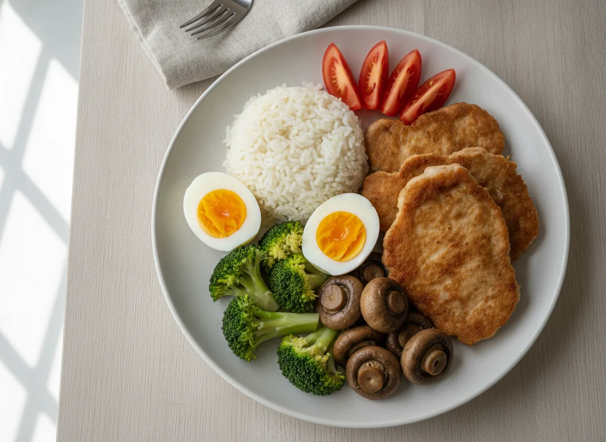 Mahlzeit mit Fleisch, Reis und Eiern photo