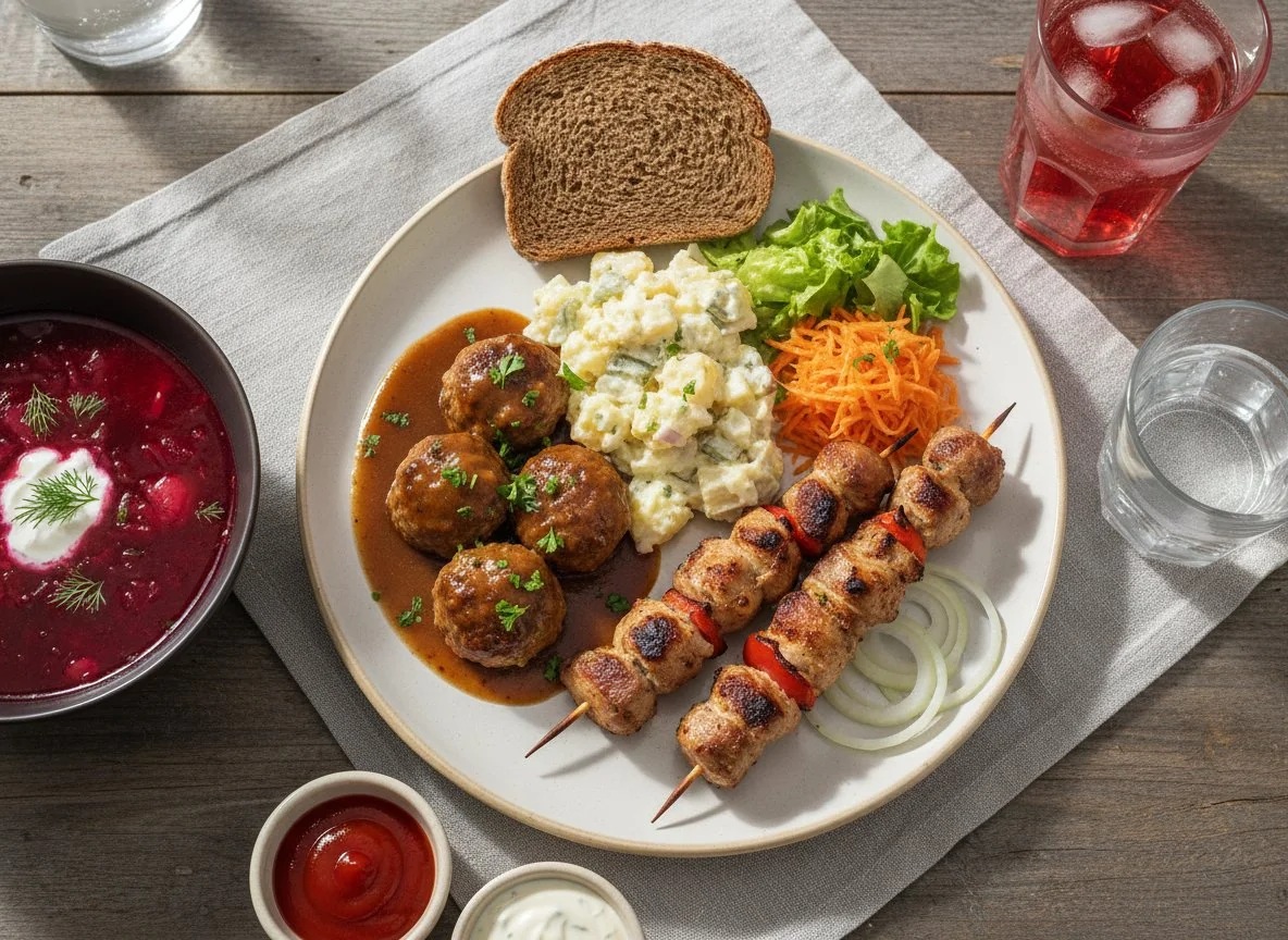 Mahlzeit mit Fleischbällchen, Kartoffelsalat und Schaschlik photo