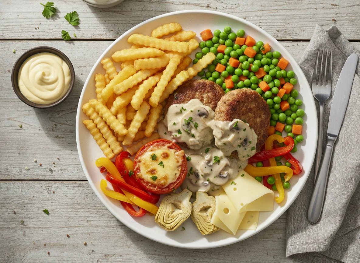 Mahlzeit mit Frikadelle, Pommes und Beilagen photo