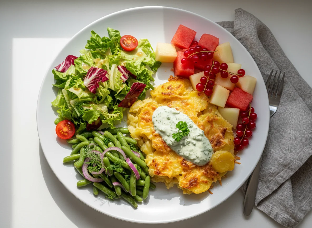 Mahlzeit mit Gratin, Salaten und Obst photo