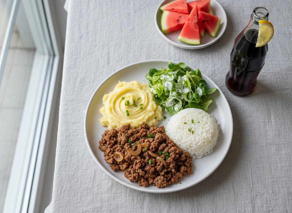 Mahlzeit mit Hackfleisch, Kartoffeln und Beilagen photo