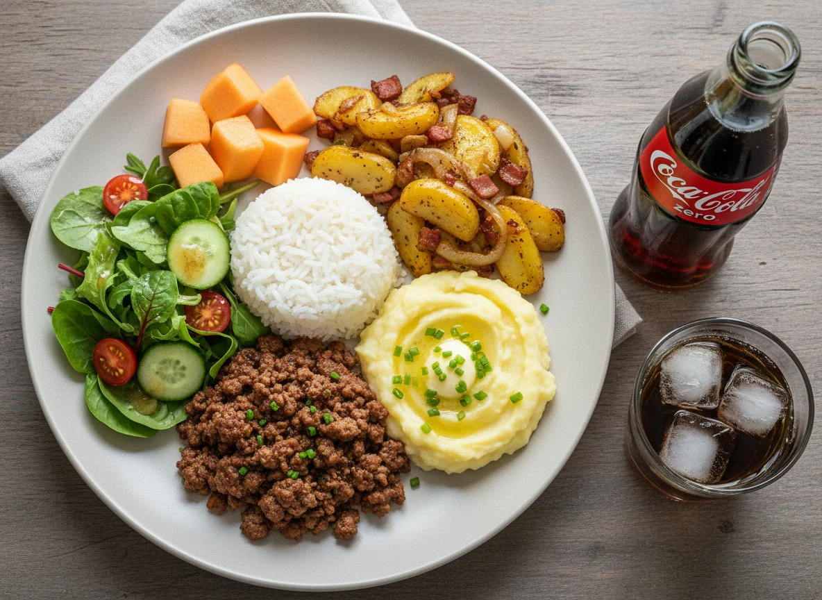 Mahlzeit mit Hackfleisch, Reis und Kartoffeln photo