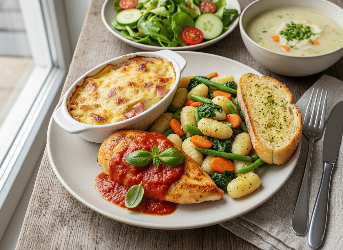 Mahlzeit mit Hähnchen, Gnocchi und Salat photo