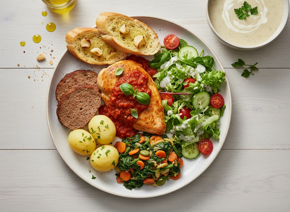 Mahlzeit mit Hähnchen, Kartoffeln und Salat photo