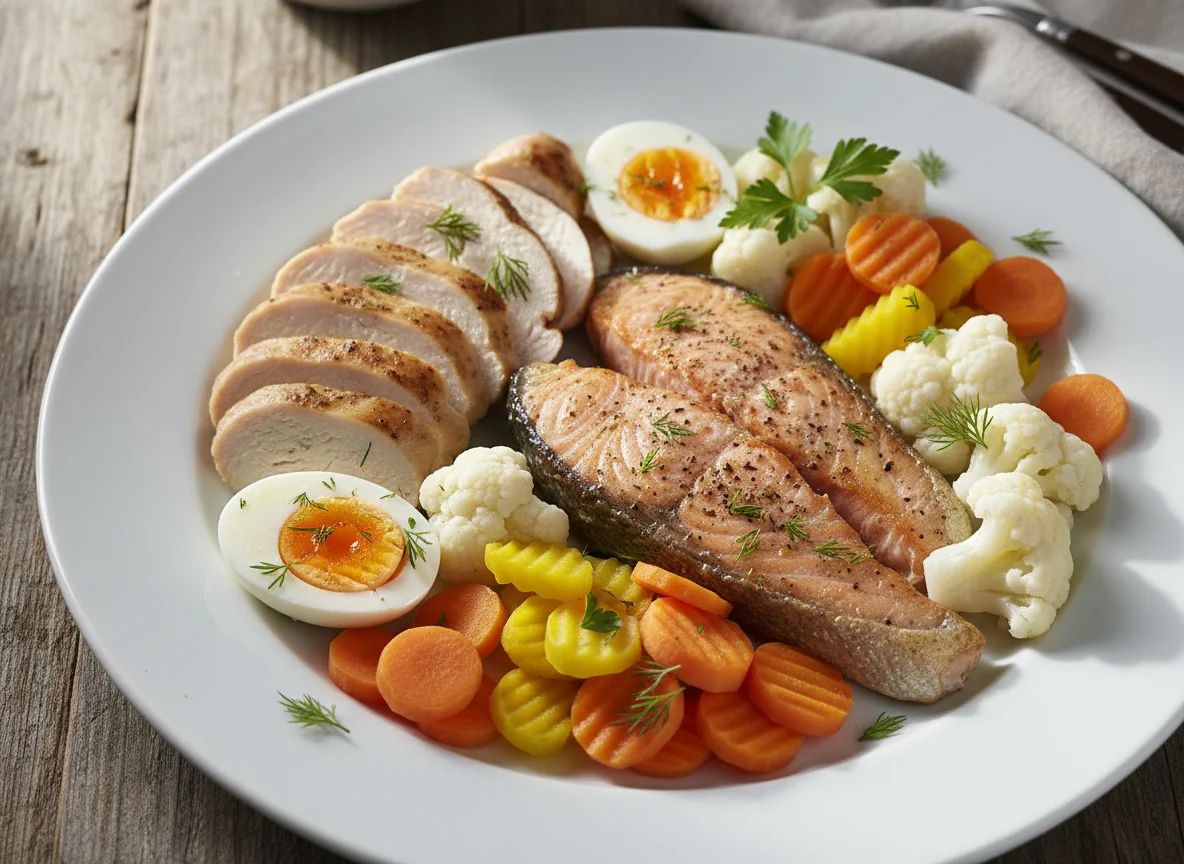 Mahlzeit mit Lachsforelle und Poulet photo