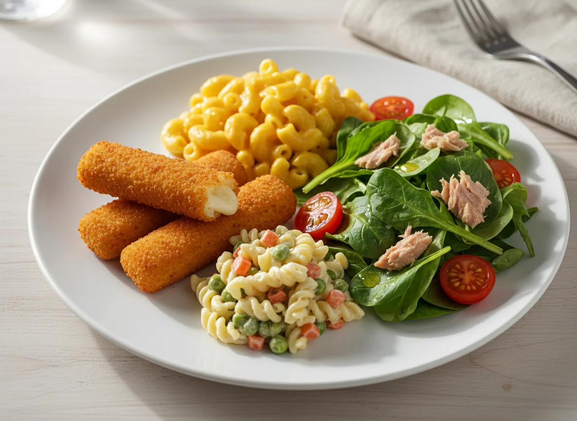 Mahlzeit mit Mozzarella-Sticks, Makkaroni und Salat photo