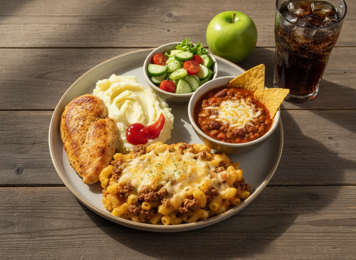 Mahlzeit mit Nudeln, Hähnchen und Beilagen photo