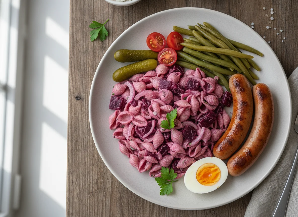 Mahlzeit mit Nudelsalat und Wurst photo