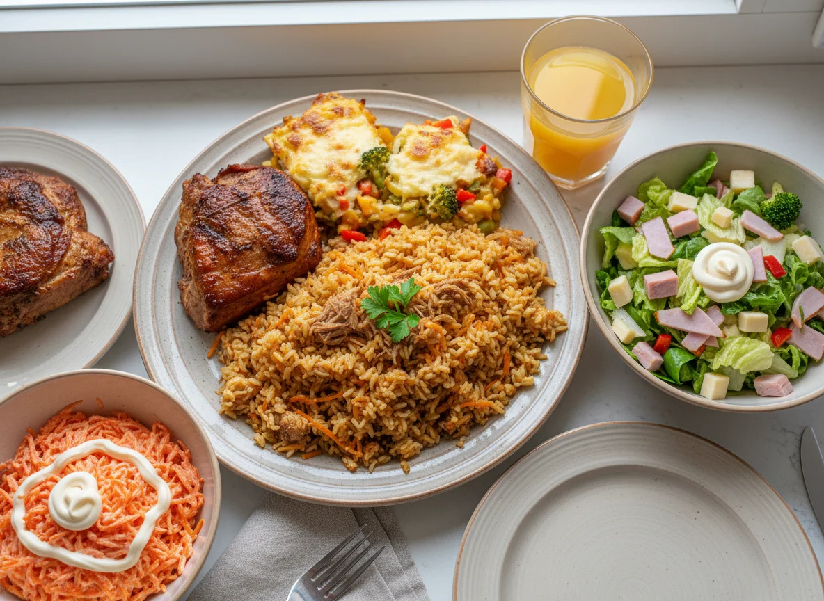 Mahlzeit mit Pilaw, Fleisch, Salat und Getränken photo