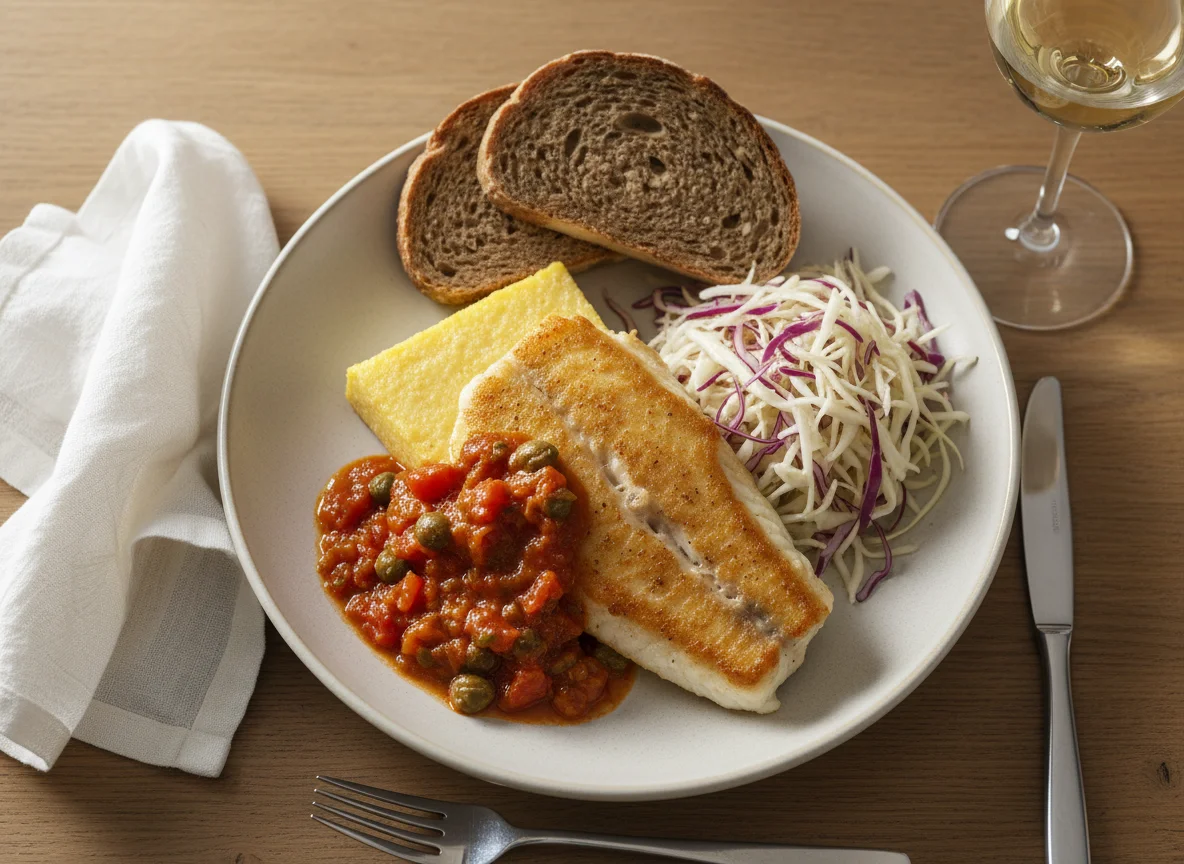 Mahlzeit mit Polenta, Fisch und Beilagen photo