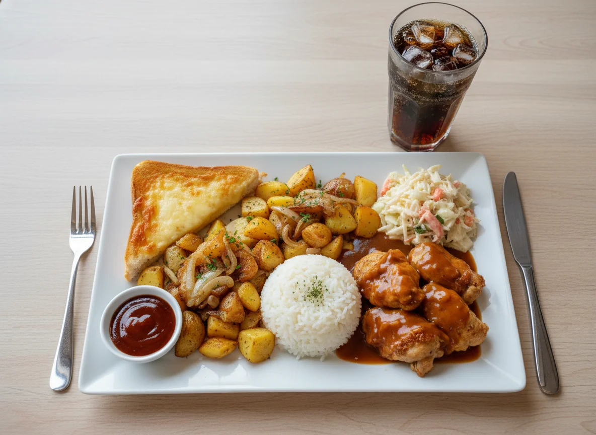 Mahlzeit mit Reis, Hähnchen, Kartoffeln und Beilagen photo