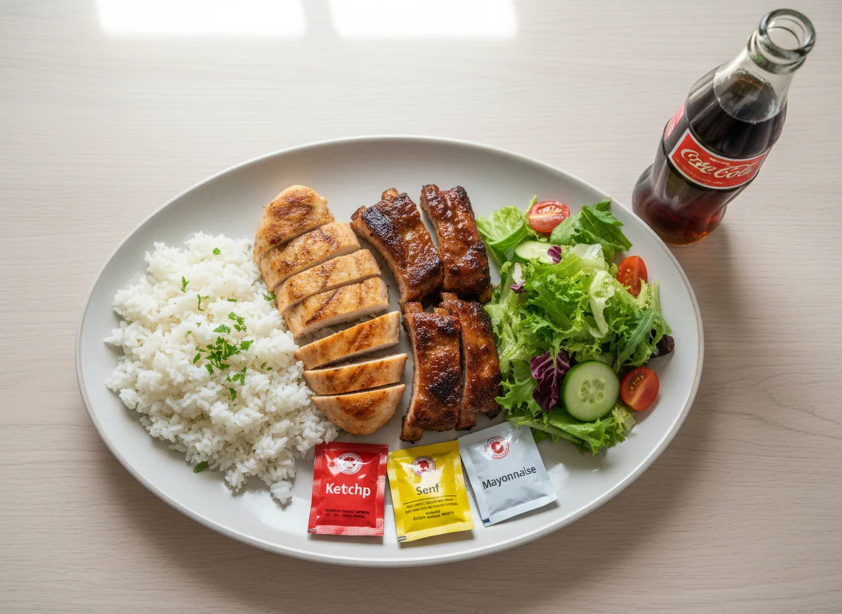 Mahlzeit mit Reis, Hähnchen und Rippchen photo