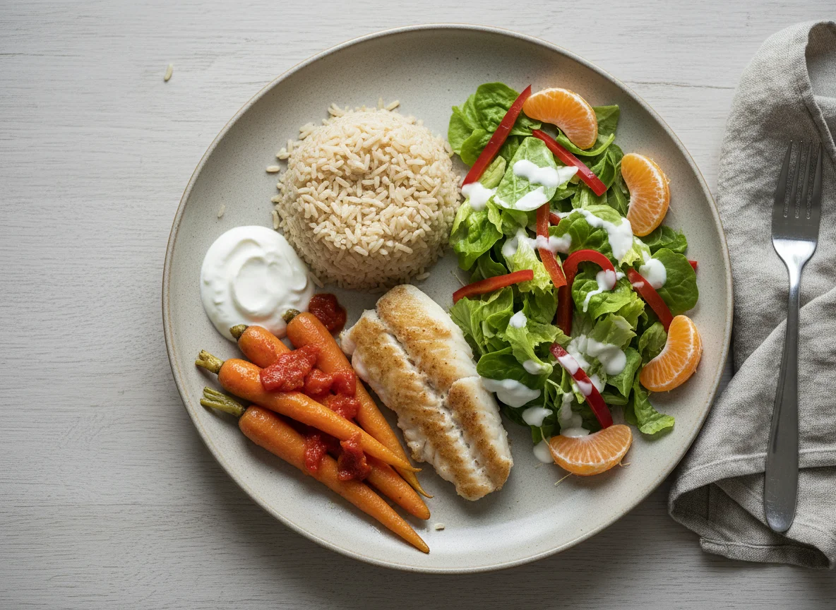 Mahlzeit mit Reis, Karotten, Fisch und Salat photo