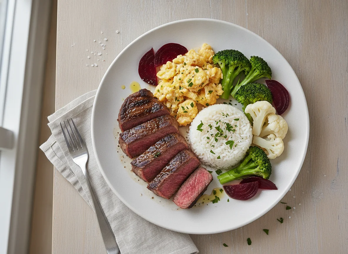 Mahlzeit mit Rindersteak, Rührei, Reis, Gemüse und Rote Bete photo