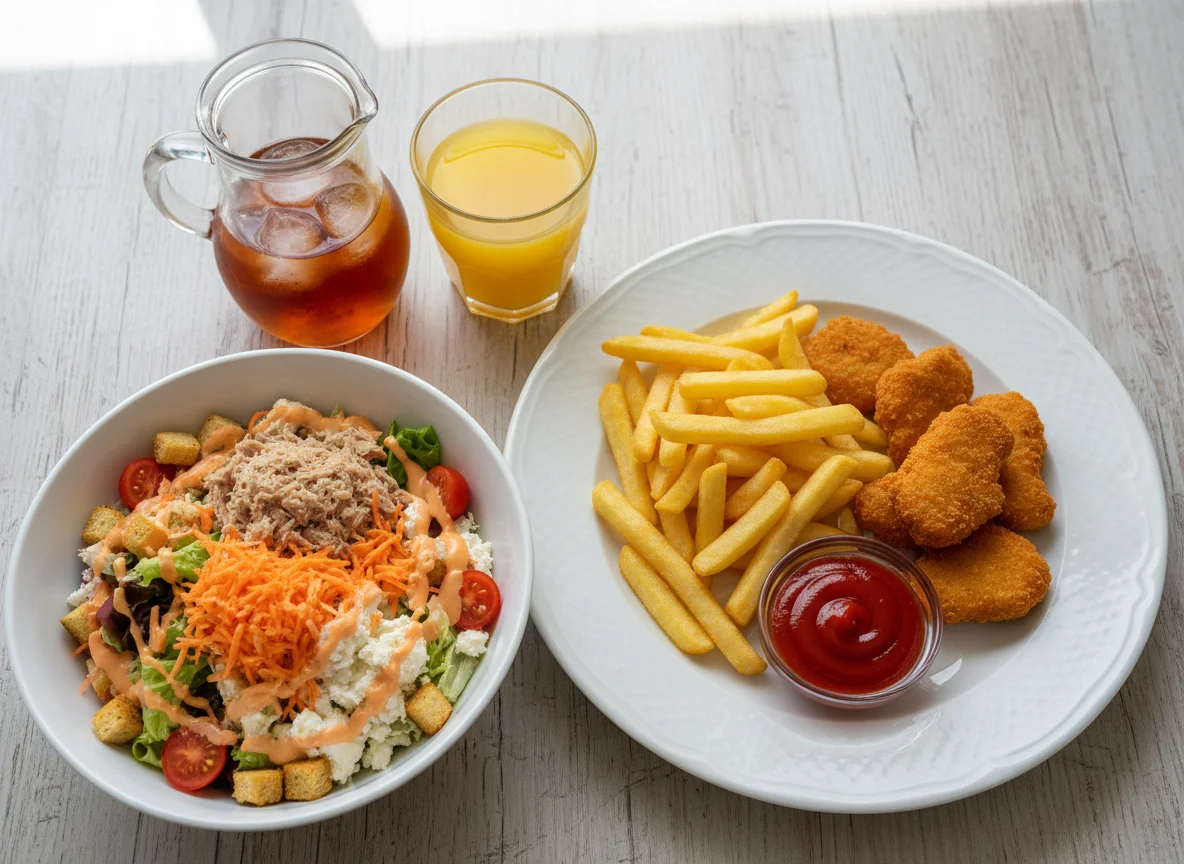 Mahlzeit mit Salat und Chicken Nuggets photo