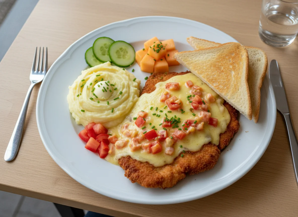 Mahlzeit mit Schnitzel, Kartoffelpüree und Toast photo