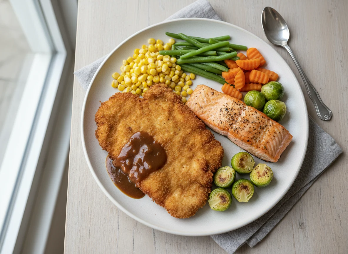 Mahlzeit mit Schnitzel, Lachs und Gemüse photo