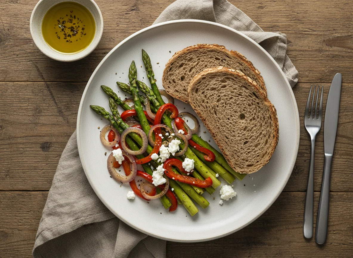 Mahlzeit mit Spargel und Brot photo