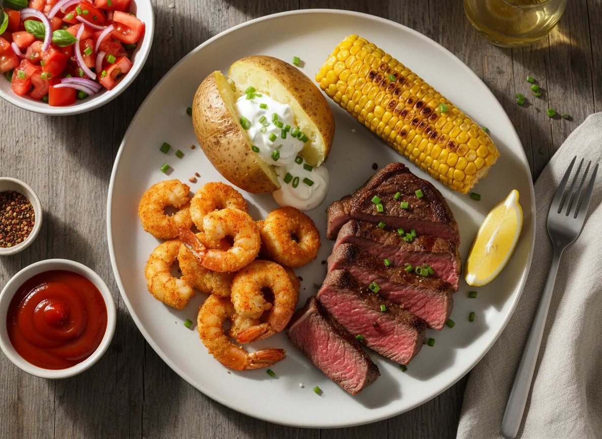 Mahlzeit mit Steak, Garnelen und Beilagen photo