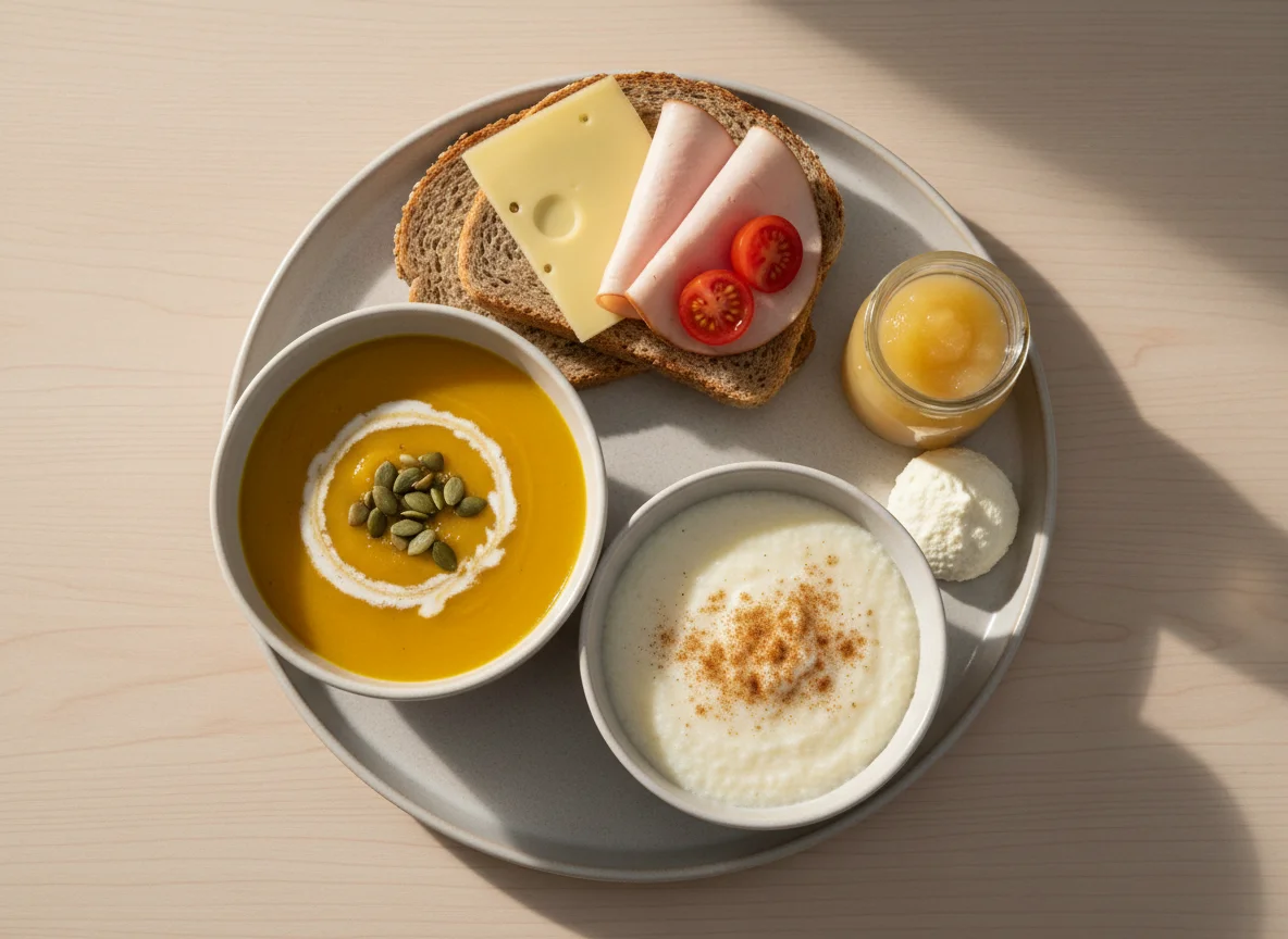 Mahlzeit mit Suppe, Brot, Griessbrei und Apfelmus photo