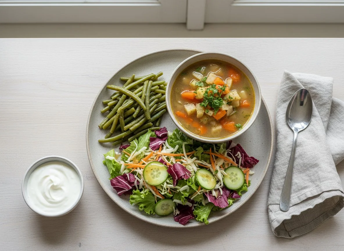 Mahlzeit mit Suppe, Salat, Bohnen und Joghurt photo