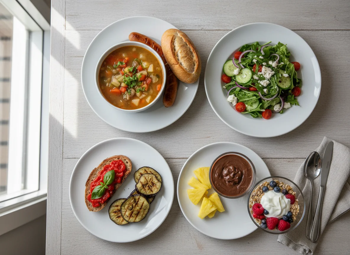 Mahlzeit mit Suppe, Wurst, Brot und Salat photo