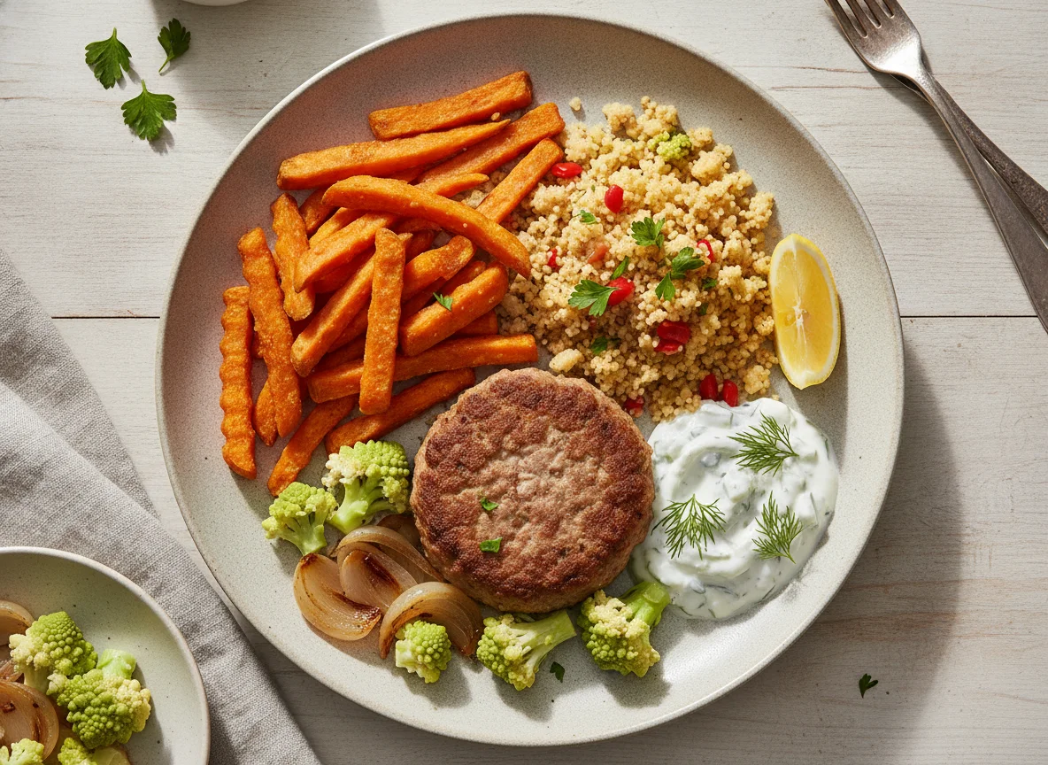 Mahlzeit mit Süsskartoffelpommes und Couscous photo