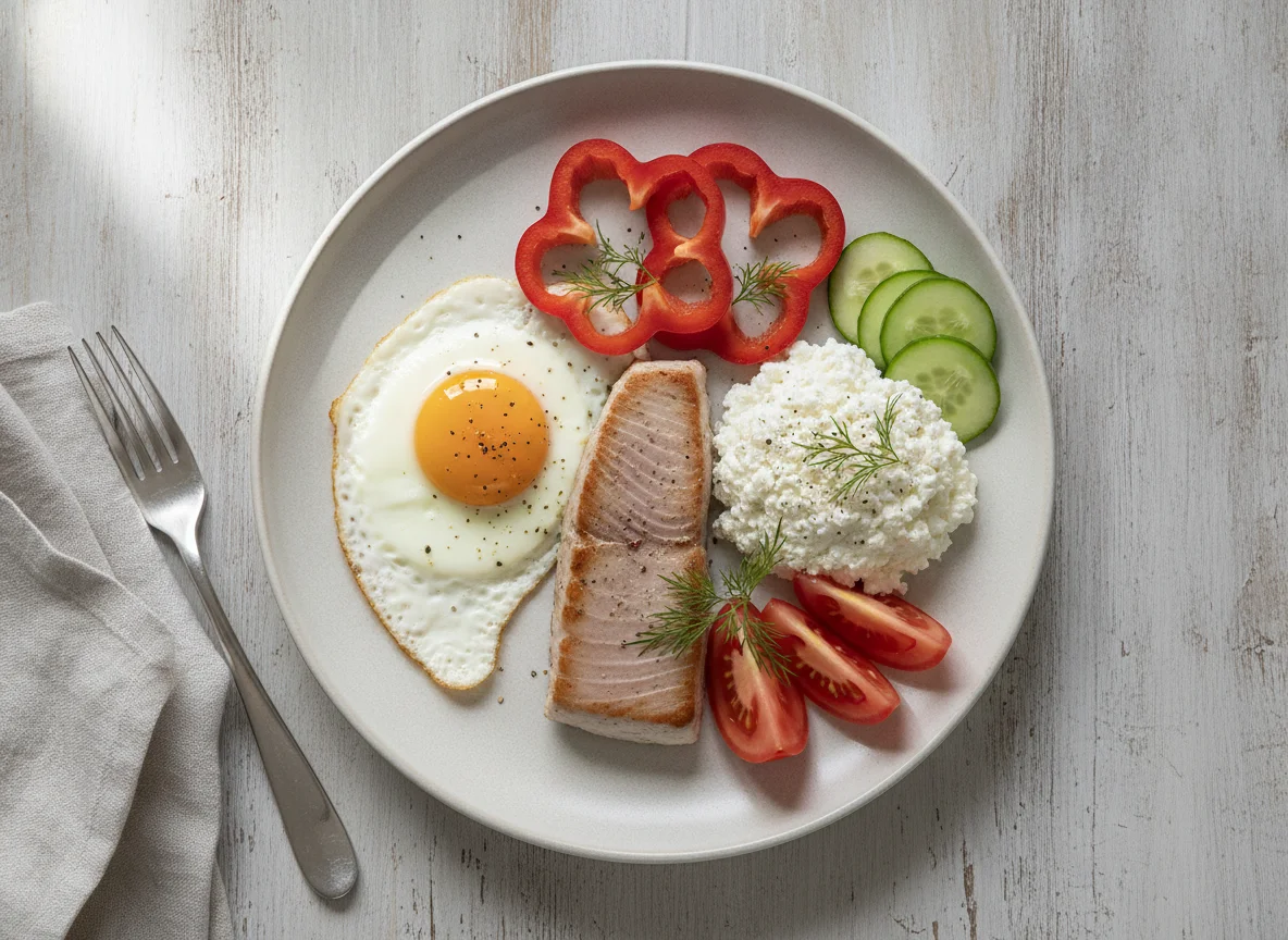 Mahlzeit mit Thunfisch, Ei und Gemüse photo