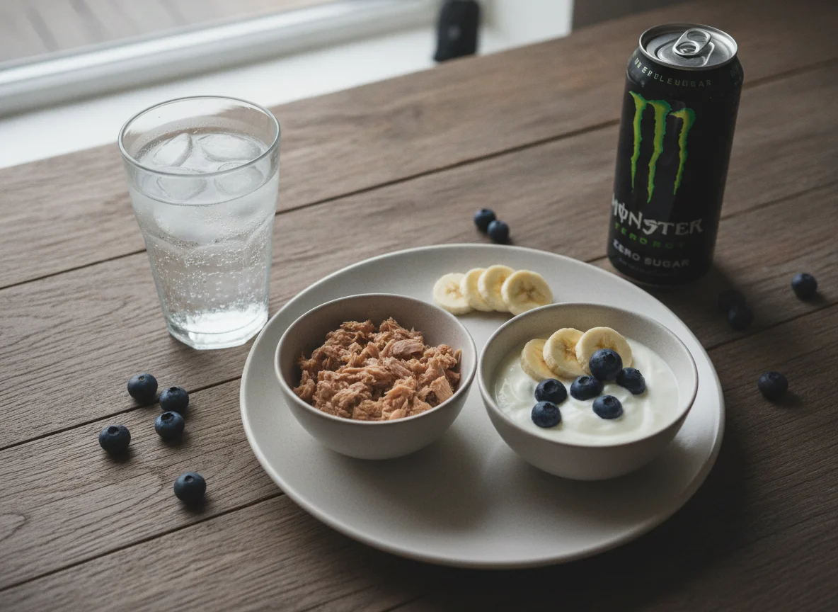Mahlzeit mit Thunfisch, Joghurt und Energydrink photo
