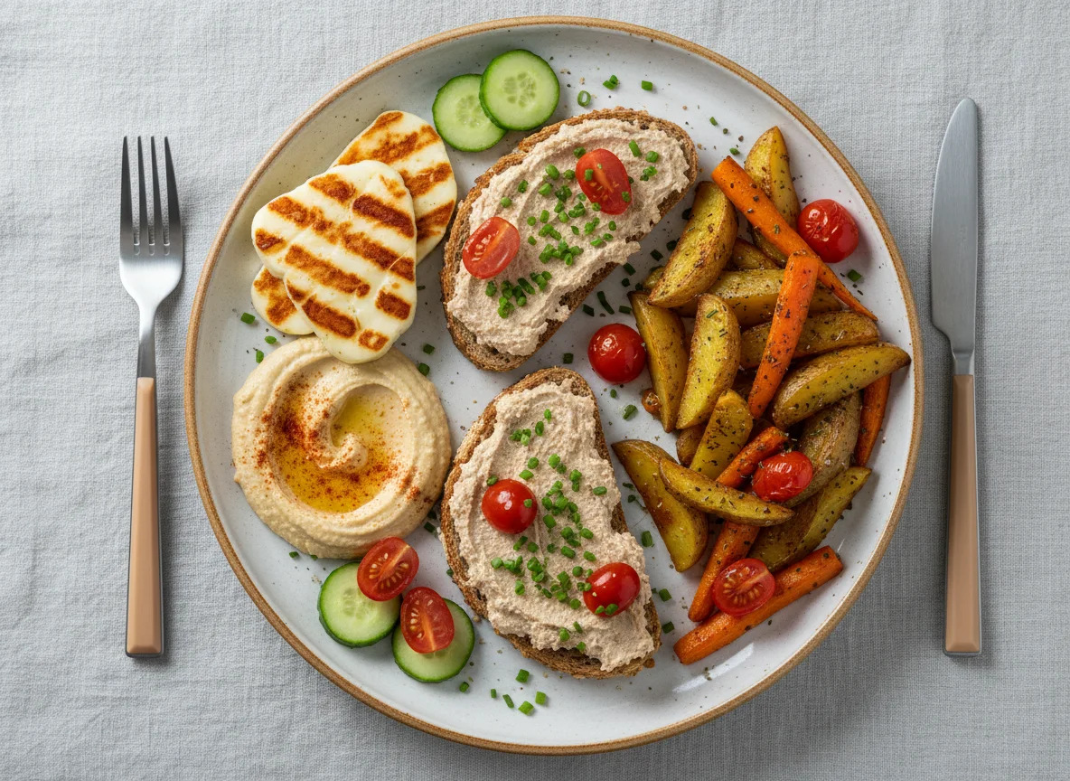Mahlzeit mit Thunfischcreme-Toast, Ofengemüse und Halloumi photo