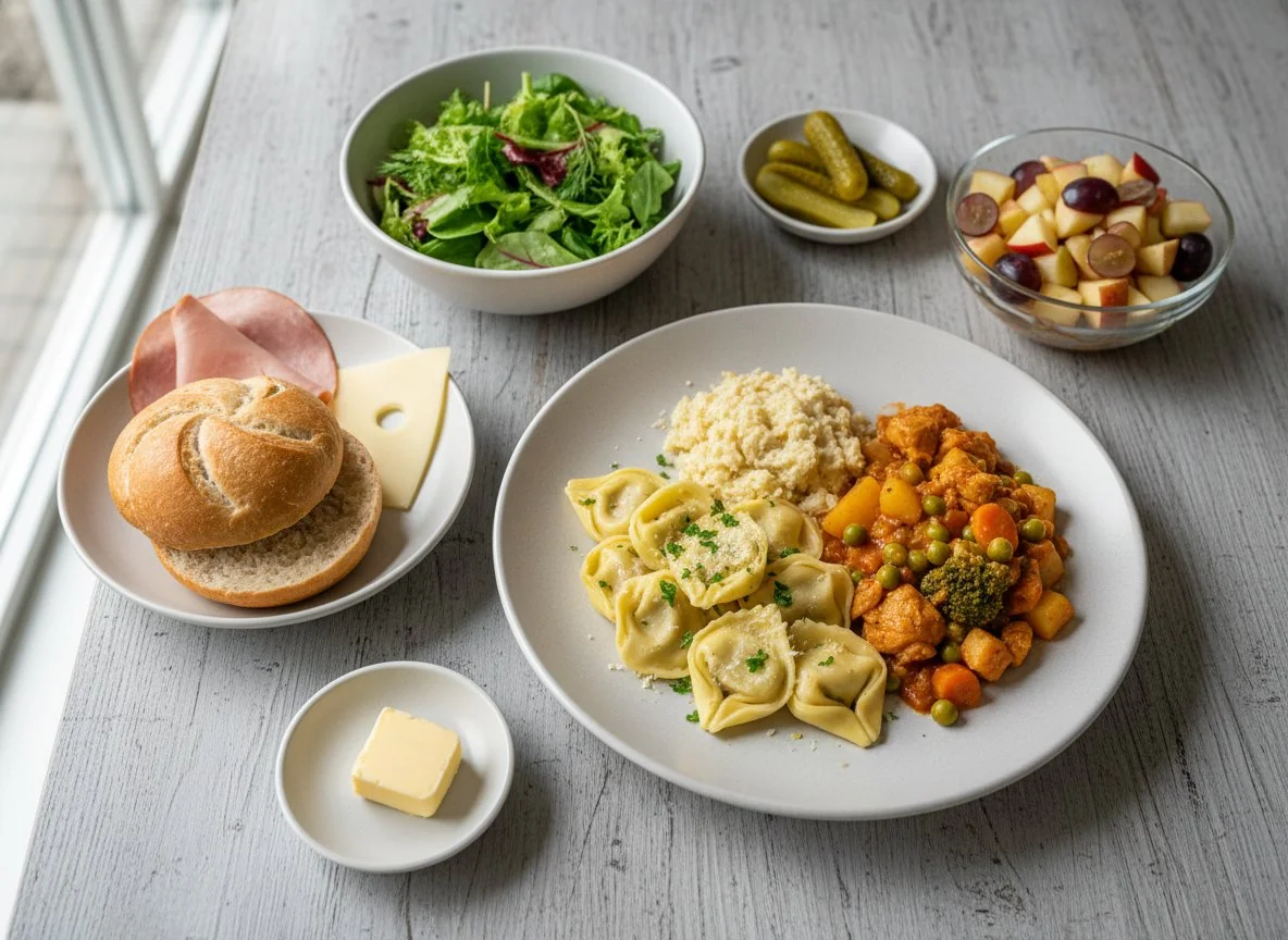Mahlzeit mit Tortellini, Hähncheneintopf und Beilagen photo
