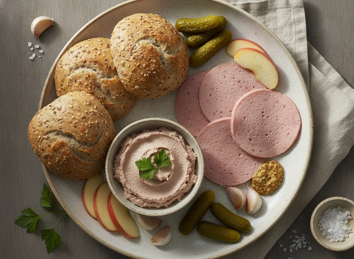Mahlzeit mit Wurst, Aufstrich und Beilagen photo
