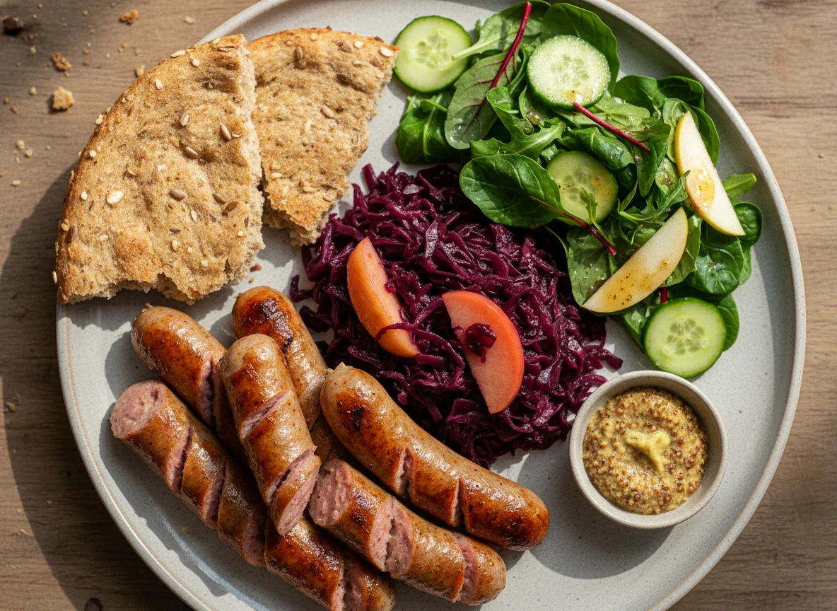 Mahlzeit mit Wurst, Rotkohl, Fladenbrot und Salat photo