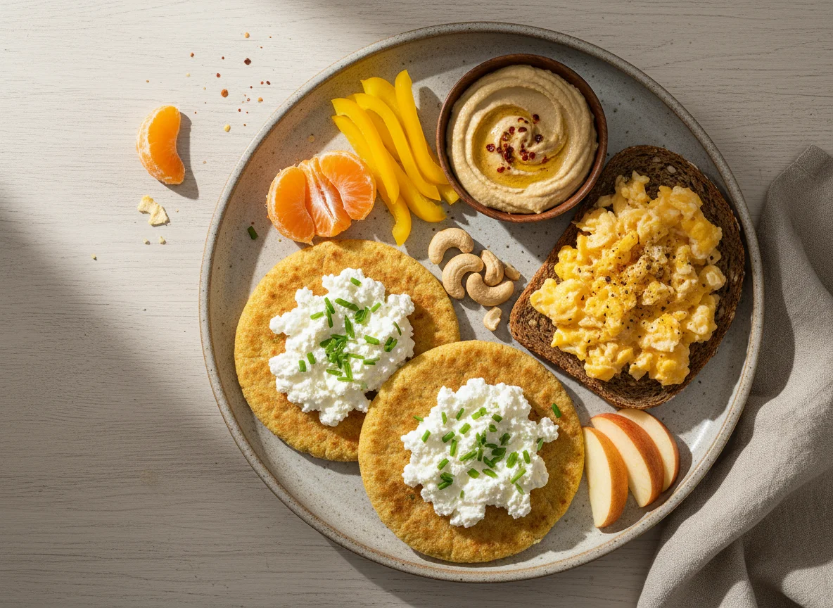 Maisfladen mit Hüttenkäse, Rührei auf Vollkornbrot und Beilagen photo